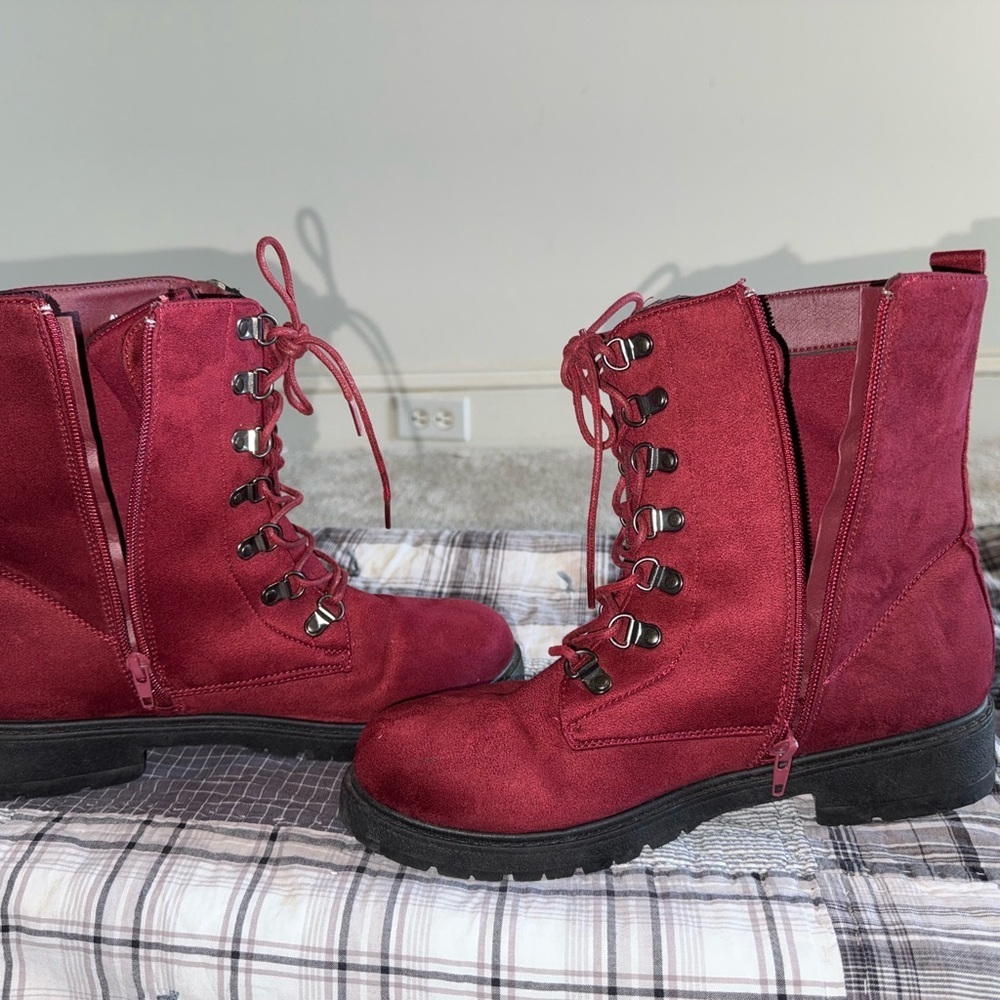 Burgundy Lace-Up Zippered Combat Boots - Picture 6 of 8